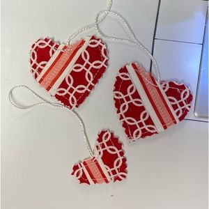 Scrappy hand crafted red and white Valentine heart hanging embellishment tags